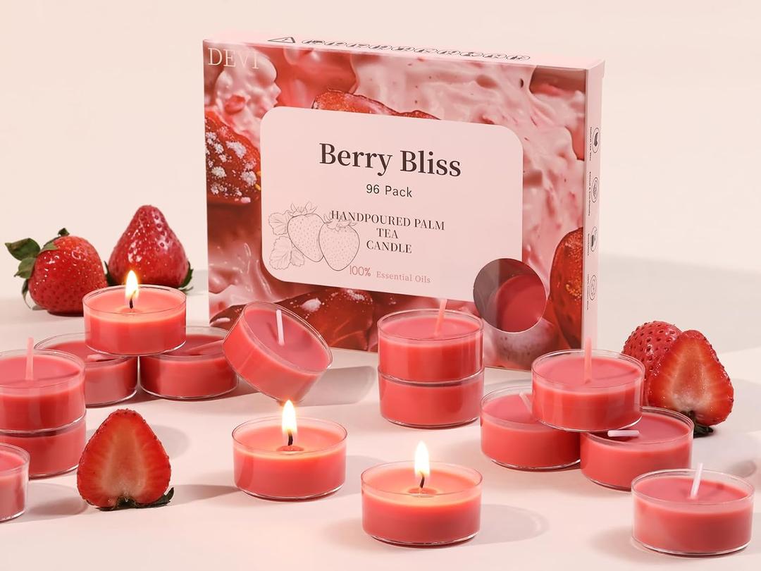 DEVI Strawberry Cream Scented Tea Lights Candles 96 Pack, 3.5-4 Hours Natural Palm Tea Candles Bulk for Home Scented, Red Small Votives with Essential Oils for Home Aromatherapy, Valentine Decorations