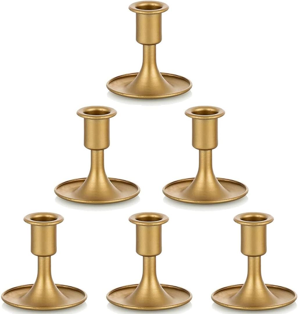 Gold Taper Candle Holder Set of 6, Hewory Short Skinny Brass Candlestick Holders, Vintage Small Low Metal Candles Sticks for Wedding Centerpieces Christmas Birthday Party Holiday Dinning Table Decor