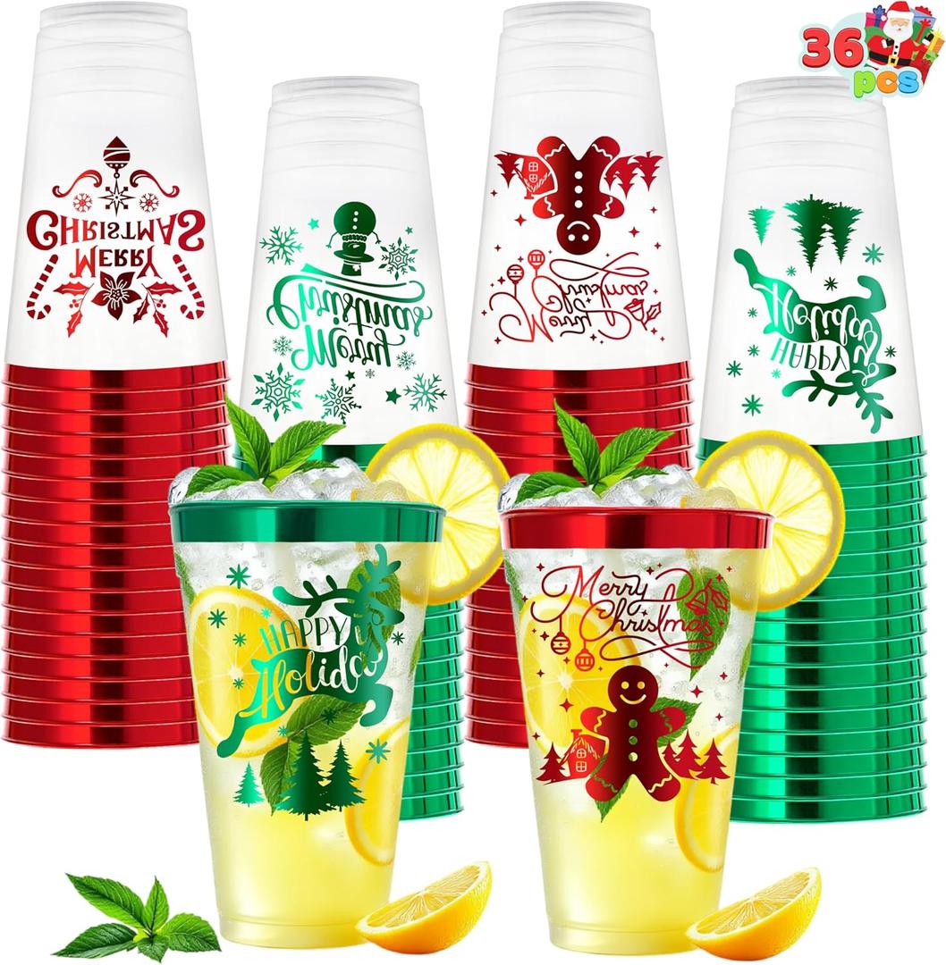JOYIN 36 PCS Christmas Plastic Cups Disposable, 16 oz Christmas Red and Green Plastic Drinking Cups for Xmas Cold Drinking Beverage, Wine Glasses Holiday Tableware Winter Party Supplies
