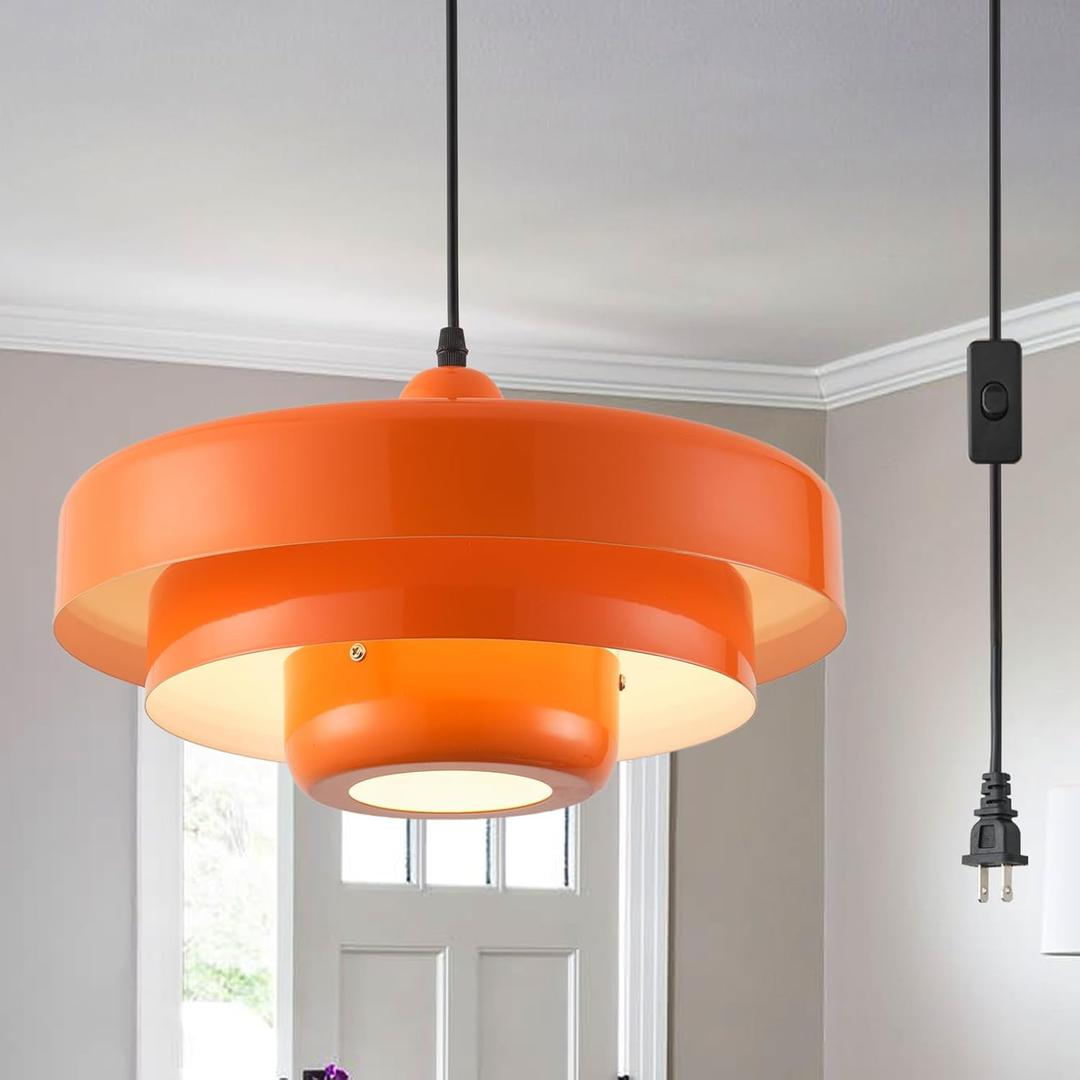 Hanging Lamp Plug in Pendant Light Fixtures Mid Century Modern Pendant Lamp Nordic Style Pendant Lighting Metal Shade for Kitchen Island Dining Room Bedroom Living Room (Orange)