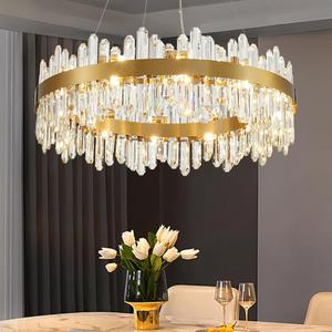 Gold Modern Crystal Chandelier, Round K9 Crystal Chandelier for Dining Room, Adjustable Height Pendant Light Fixture for Living Room Bedroom Kitchen Island D30