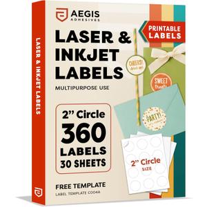 2" Printable Round Labels for Laser and Inkjet Printers - 360 Blank Labels, 30 Sheets of Custom Stickers for Business Logos, Thank You Stickers, QR Codes - Aegis Adhesives Template C004A