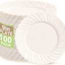 U-QE 100 Count 9 Inch Ivory Plastic Plates for Party - Scalloped Disposable Dinner Plates - Premium Hard Fancy Disposable Heavy Duty Party Supplies for Birthdays, Celebrations, Weddings and Events