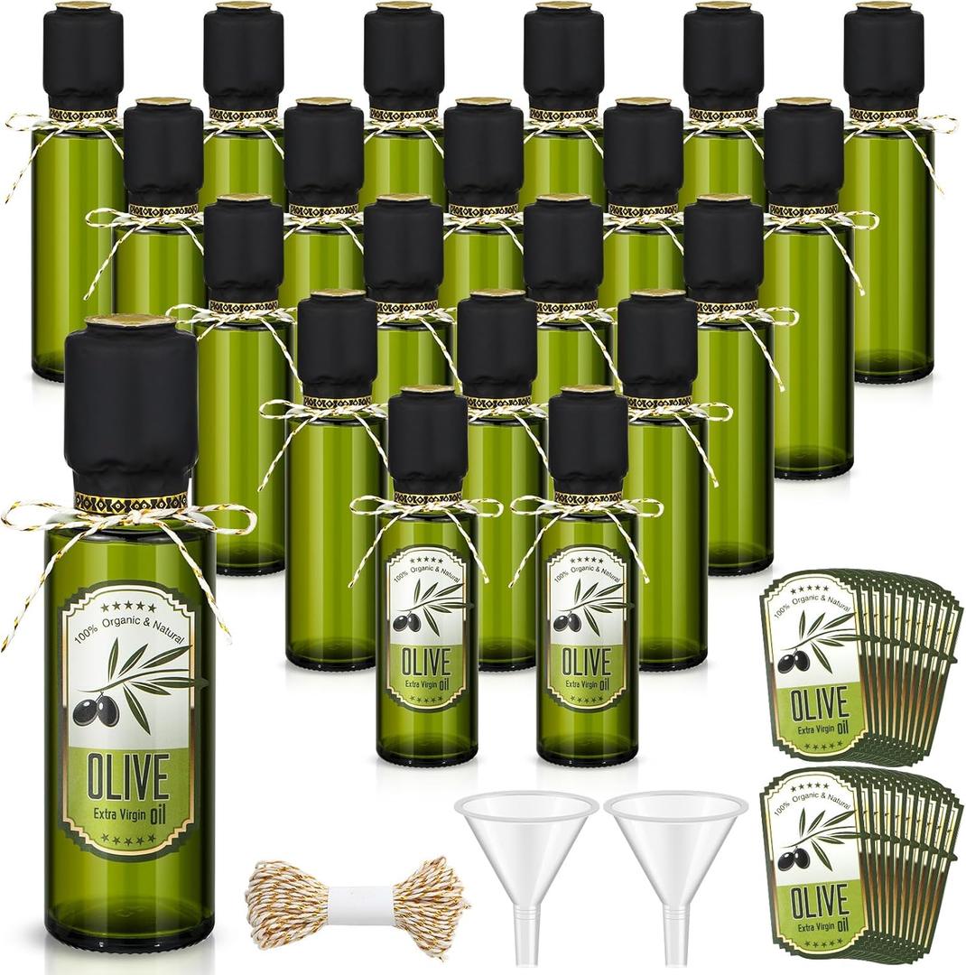 20 Pcs 4 oz Mini Glass Olive Oil Bottles Empty Sauce Condiment Bottles with Dropper Inserts and Sticker Seals Caps for Gifts Kitchen (Circle,Dark Green)