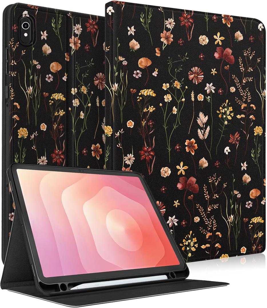 for Samsung Galaxy Tab S11 Case - Smart Folio Cover with Build-in Pencil Holder Women Girls Cute Design for Samsung S11 Tablet Case 11 Inch (SM-X730/X736/X736B) Cover,Retro Floral (Black Retro Flower)