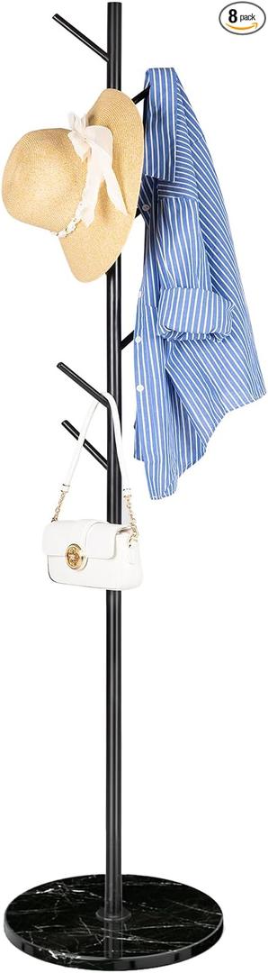 ZOZOE Metal Coat Rack Freestanding, Modern Heavy Duty Coat Racks with Natural Marble Base, Stable Coat Tree Stand, Hall Tree Hanger Coat Stand with for Bags, Hats, Entryway, Office, Modern Metal Black 8 Hoops 