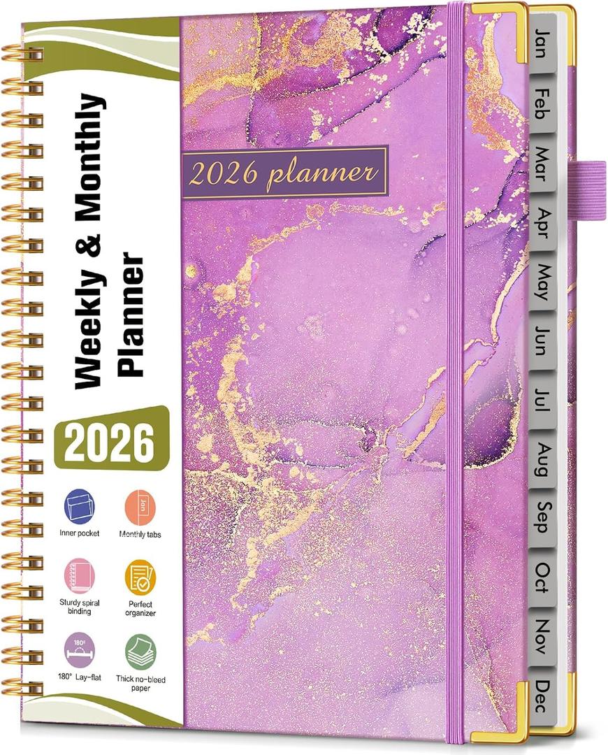 2026 Planner, Hardcover Weekly and Monthly Planner, January 2026 - December 2026, Spiral Yearly Agenda Organizer Book 2026 with Tabs, Daily Calendar Planners for School Work Home, A4 (8.5" x 11"), Purple Marble