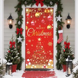6.6X3FT Red Christmas Door Cover Xmas D-o-o-r Wraps for Front Door Merry Christmas Door Banner Xmas D-oor Cover with Golden Xmas Tree Light and Gifts for Holiday Front Porch Decorations