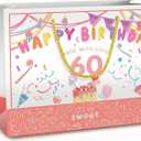 BOPLYBAY 60th Birthday Gift Bag for Women with Card & Tissue Paper - Large 13" Pink Age 60 Party Favor Bag, 60 Year Old Birthday Gifts Wrapping for Mom Grandma Wife