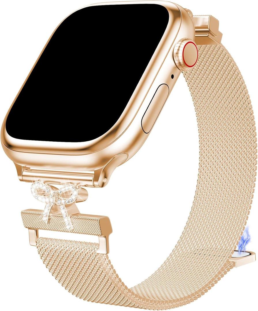 TJCENXIN Slim Metal Milanese Loop for Apple Watch Bands for Women 42/ 44/ 45/ 46/ 49mm, Bow-Shaped Diamond Stainless Steel Mesh Magnetic Strap for iWatch Series 11 10 9 8 7 6 5 4 3 2 1 SE Ultra, Rose Gold