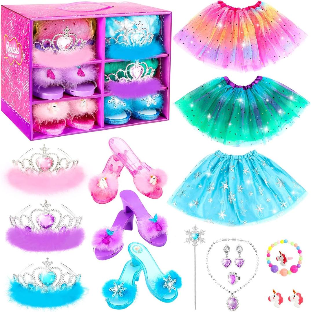 Princess Dress Up Shoes Set, Girls Dress Up Toys Toddler Jewelry Boutique Kit, 3 Themes of Unicorn Mermaid Ice Princess Costumes Set, Pretend Play Gifts for Little Girls Aged 3-6 Years Old