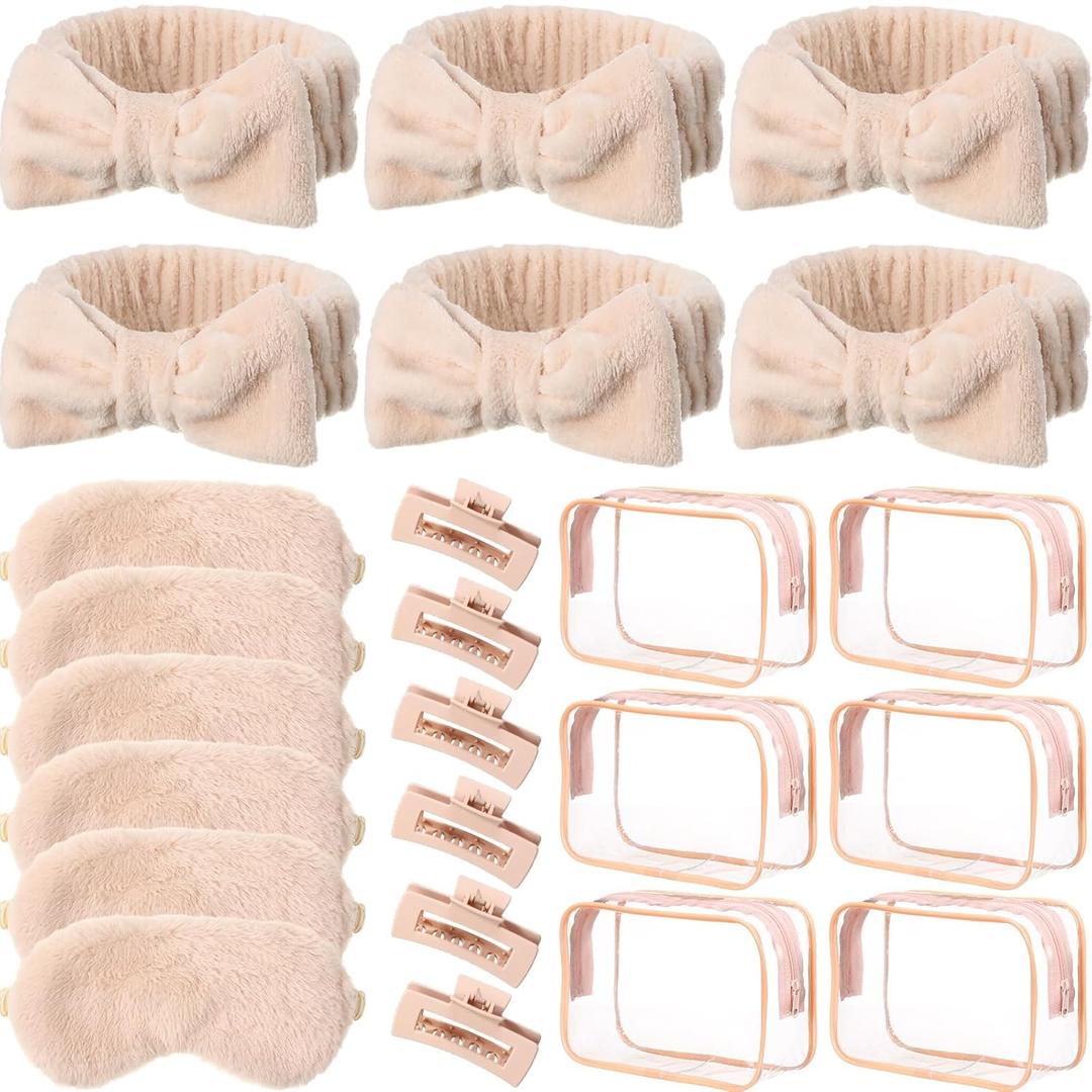 Hoteam 24 Pcs Spa Party Favors Supplies 6 Spa Headband 6 Plush Sleep Eye Mask 6 Hair Claw Clips 6 Clear Cosmetic Bags for Adult Sleepover Slumber Party Graduation Gift(Beige)