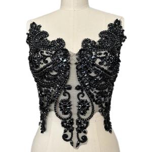 Handmade Rhinestones Lace Appliques Sew on Glass Beads Bodice Trim Patches Accessory for Dress Clothes (Black)
