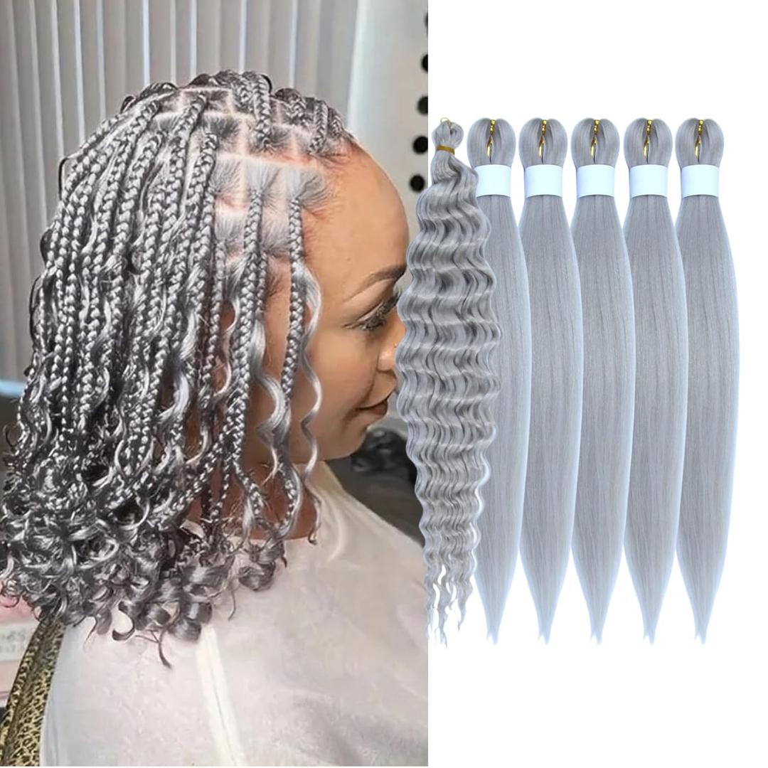 Silver Gray Braiding Hair Pre Stretched for Boho Braids 6 Packs/Lot 16in Curly Deep Wave Bohemian Braiding Hair Ez Braid Synthetic Knotless Extensions Hairs (#Silver Gray)