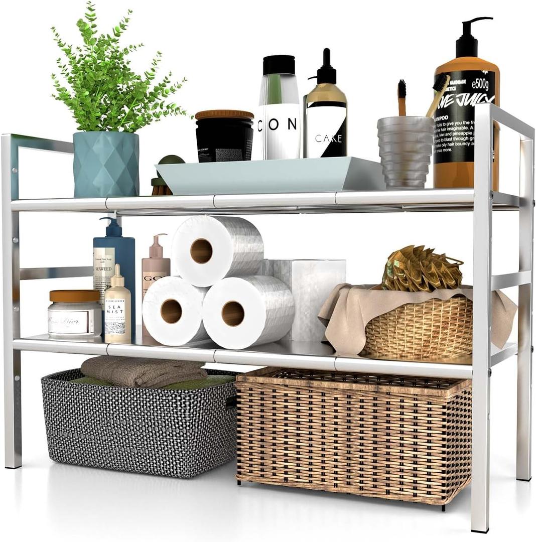 Under Sink Organizers and Storage,Expandable under cabinet organizer Shelf | 2-tier stainless steel heavy-duty expandable rack with 8 panels & adjustable width 18.9"-34.6" for kitchen bathroom shoe rack