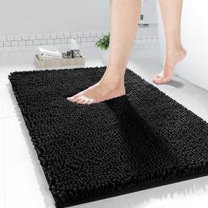 Yimobra Chenille Bathroom Rugs - 24"x17" Super Luxury Soft & Absorbent Quick Dry - Non Slip Bath Mat for Tub Shower - Machine Washable - Black