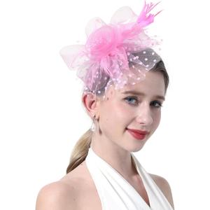 Women's Fascinators Hat Organza Church Tea Party Headwear Wedding Feather Hat with Headband and Clip (7-8, Pink)