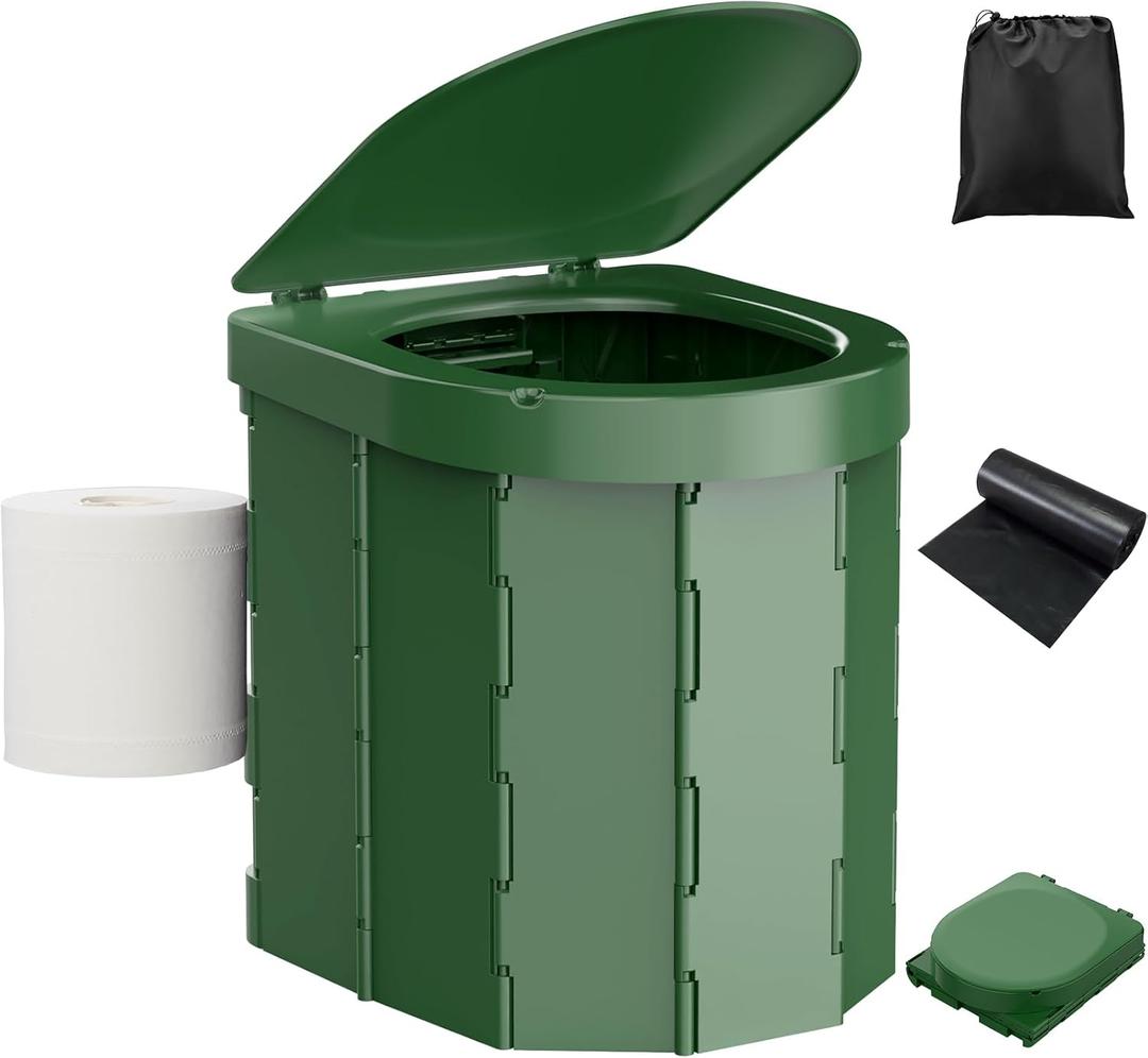 Portable Camping Toilet, Folding Toilet for Adults with Lid and Retractable Toilet Paper Holder, Waterproof Porta Potty with Carry Bag and Disposible Liners for Hiking, RV Travel, Road Trips, Green