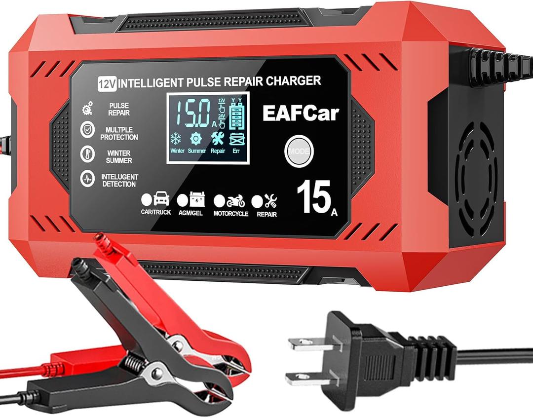 EAFCar 15-Amp Battery Charger, 12V Trickle Charger Car Battery Charger, Smart Automatic Lead Acid Charging with Temperature Compensation for Car Truck Lawn Mower Boat Marine(15A)