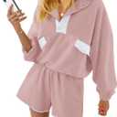 Fisoew Womens 2 Piece Sets Sweatsuits Casual Half Button Color Block Sweatshirts Running Shorts Tracksuits Fall Outfits, Pink XXL