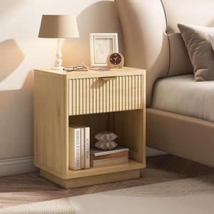 Fluted Nightstand Charging Station,Wood Modern Night Stands Storage Cabinet for Bedroom,Oak Bedside Table with Drawers