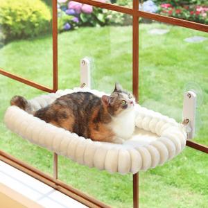 Zakkart SnugCloud Foldable Cat Window Perch - Cordless, Ultra Soft Machine Washable Bed with 4-Sided Bolster, Metal Frame - Window Hammock for Large Cats and Kittens (Cream White, Large25.6"x16.5")