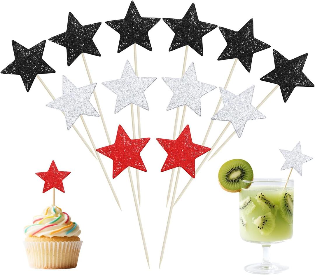 ONLYKXY 30pcs Glitter Star Cake Cupcake Toppers Toothpick Flag Cute Food Appetizer Decor Funny Stick Picks DIY Marker Tag Sign for Theme Party Bride Shower Birthday Wedding (Black & Red & Silver)