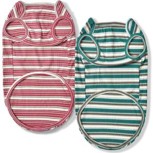 Dog Shirts Vest Cotton Striped T-Shirt, Sleeveless Stretchy Pet Clothes for Small Dogs, 2-Pack Soft Breathable Puppy Tank Top Cat Tee (Small, Pine Green,Plum Red)
