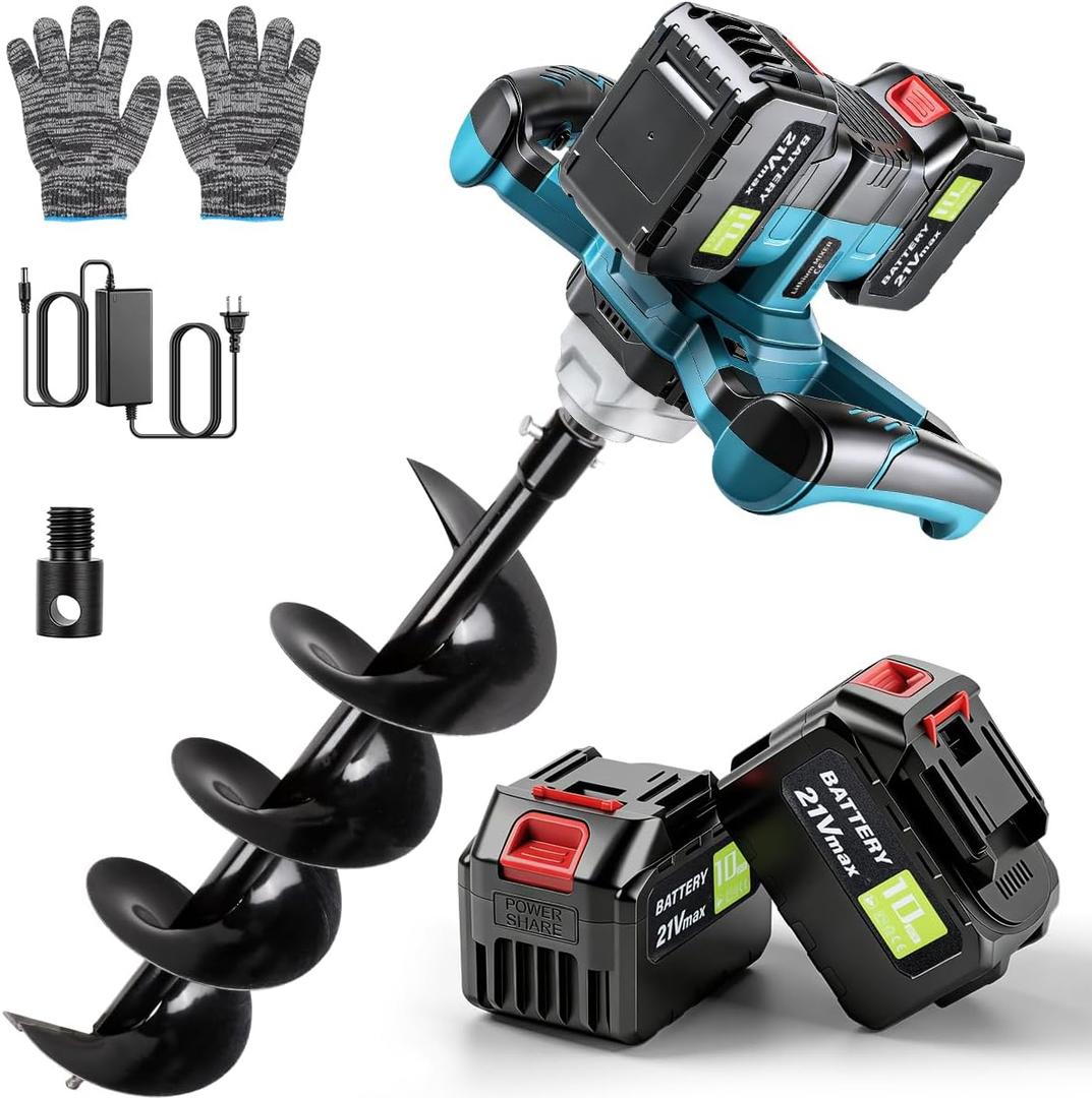 Post Hole Digger,Cordless Earth Auger,Electric Earth Auger,Includes 1twist drill bit with two batteries and one charger,With forward/reverse functionfor Post Hole Digging, Drilling,Tree PlantingPlant