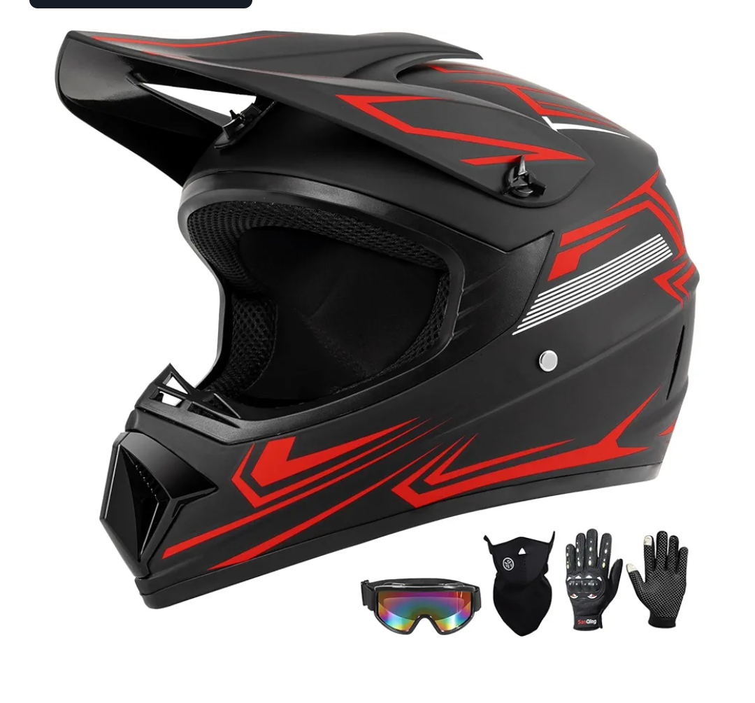 Youth Kids Dirt Bike Motocross Helmet (Goggles Gloves Face Mask) 4PCS Set, DOT Approved Boys Girls Full Face Motorcycle Helmets, ATV BMX MX Mountain Bike Off Road Kid Helmet (Red, M)