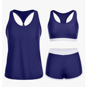 Yonique 3 Piece Athletic Tankini Swimsuits for Women with Shorts Swim Tank Tops with Sports Bra and Boyshorts Bathing Suits Blue White XL