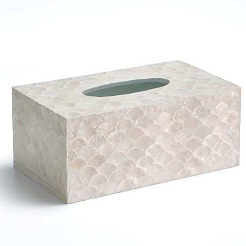 CHI AN HOME Rectangular Capiz Tissue Box Cover, Decorative Mother of Pearl Inlay Tissue Box Holder for Bedroom, Bathroom, Kitchen, and Office, Rectangle Tissue Box Cover White (10.25” x 5.9” x 4.33”)