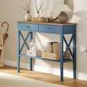ChooChoo Console Table with Drawers, Narrow Wood Accent Sofa Table Entryway Table with Storage Shelf for Entryway, Front Hall, Hallway, Living Room, Blue, 11.8"D x 39.4"W x 31.5"H