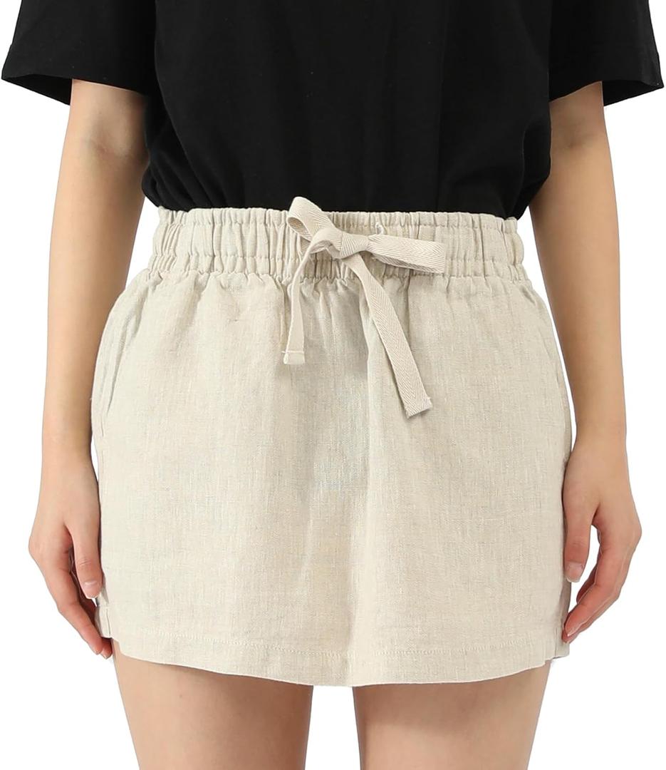 Women 100% Linen Skirt | Micro Mini Length, High Waist, Drawstring, Pockets, Casual Summer (Beige, XS)
