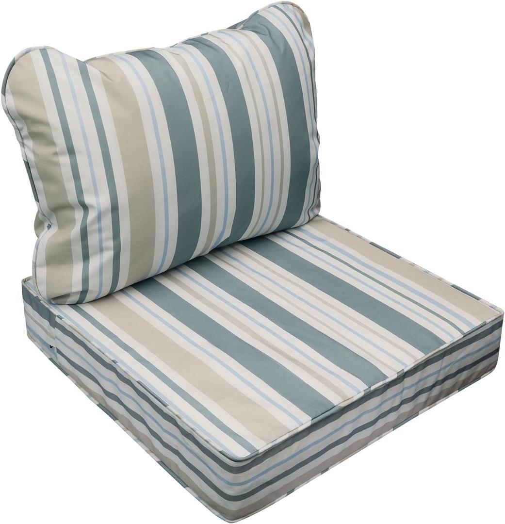 AAAAAcessories Outdoor Seat Cushions for Chairs, Fade-Resistant, Waterproof Patio Furniture Replacement Cushions, 25.5" x 25.5" x 5" + 25.5" x 19", Slate Gray Blue Coastal Stripe