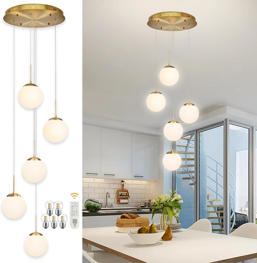 KoKo&Yukina 5-Light Globe Glass Pendant Light Adjustable Length Pendant Lights Fixtures Modern Gold Chandelier with Milky White Glass Ceiling Lights for Foyer Hallway Bedroom (Bulb & Remote Incl.), 5-light, D13.7"