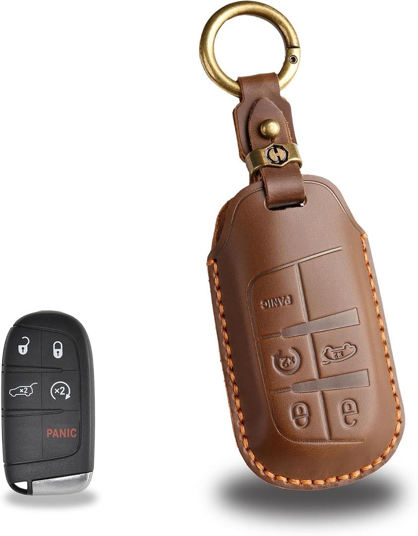 for Jeep Leather Key Fob Cover Key Case Compatible with Grand Cherokee Renegade Dodge Durango