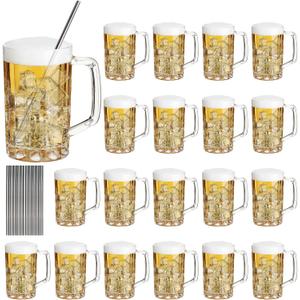 20 Pcs Plastic Beer Mugs with Handles and 20 Stainless Steel Straws, Large Drinking Cups Reusable Clear Beer Stein Glasses Bulk for Bar, Home, and Party Beverages(16 oz)