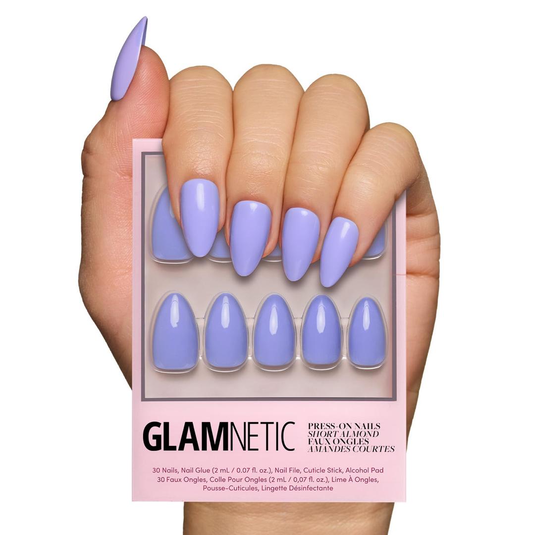 Glamnetic Press On Nails - Periwinkle | Short Almond Purple Fake Nails with Glossy Finish, Salon Quality | 15 Sizes - 30 Nail Kit with Glue