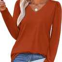 OFEEFAN T Shirts for Women V Neck Dressy Casual Blouses Puff Long Sleeve Fall Outfits Tops Loose Fit (Small, Caramel)