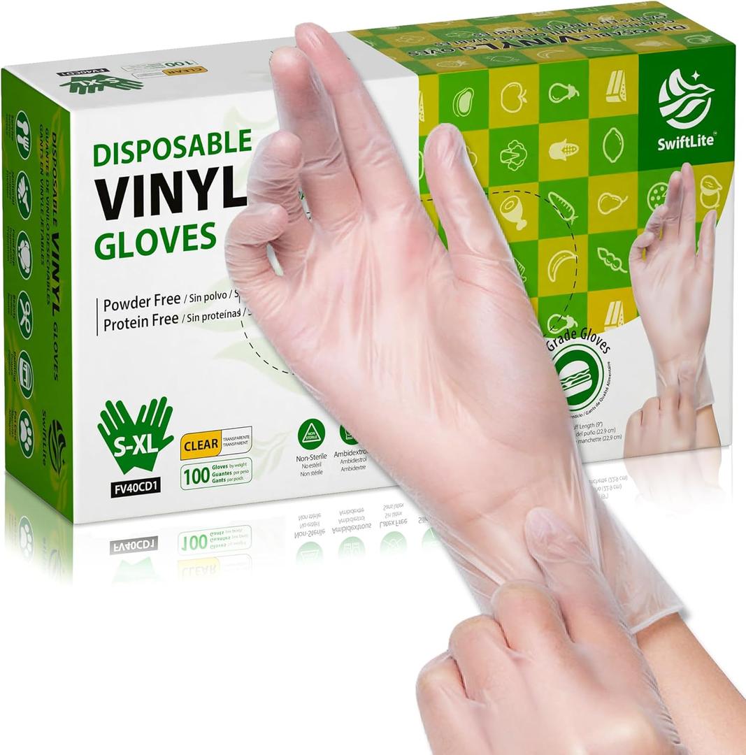 SWIFTLITE Disposable Vinyl Gloves, Food Safe, Latex-Free Powder-Free Clear Plastic Gloves for Cooking, House Clean, Food Prep (Large)