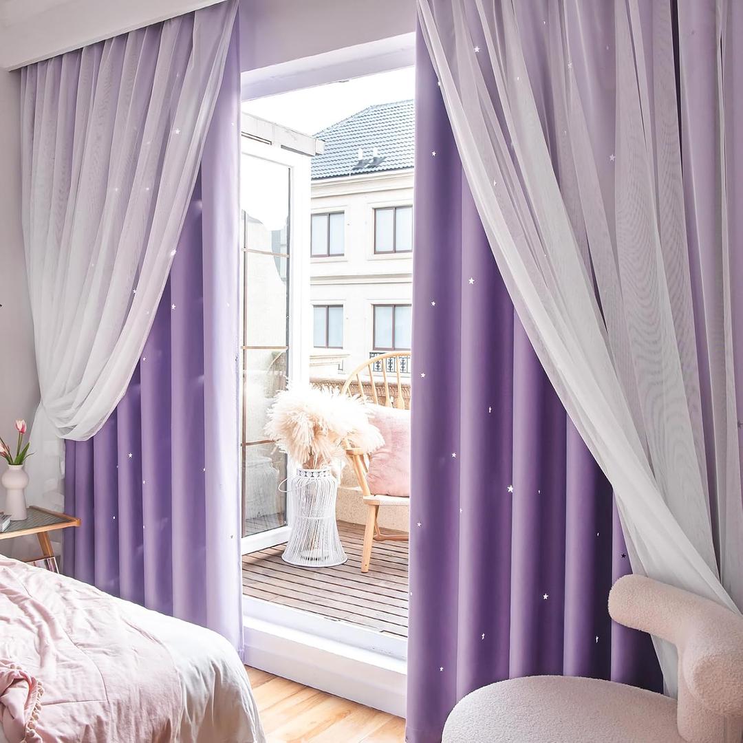 Loyala Stars Curtains Double Layer Curtains Blackout Curtains for Bedroom Kids Curtains Cute Curtains Kids Blackout Curtains, Curtains 84 Inches Long 2 Panels Set, Purple Curtains, 52 X 84 Inches