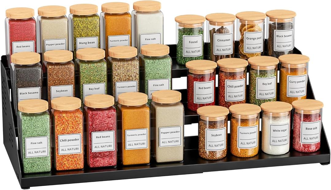 Spice Organizer, Spice Rack for Expandable 3-Tier, Spice Organization for Cabinet Expandable Width and Adjustable Height, Seasoning Organizer for Cabinet, Countertop, Pantry, Black