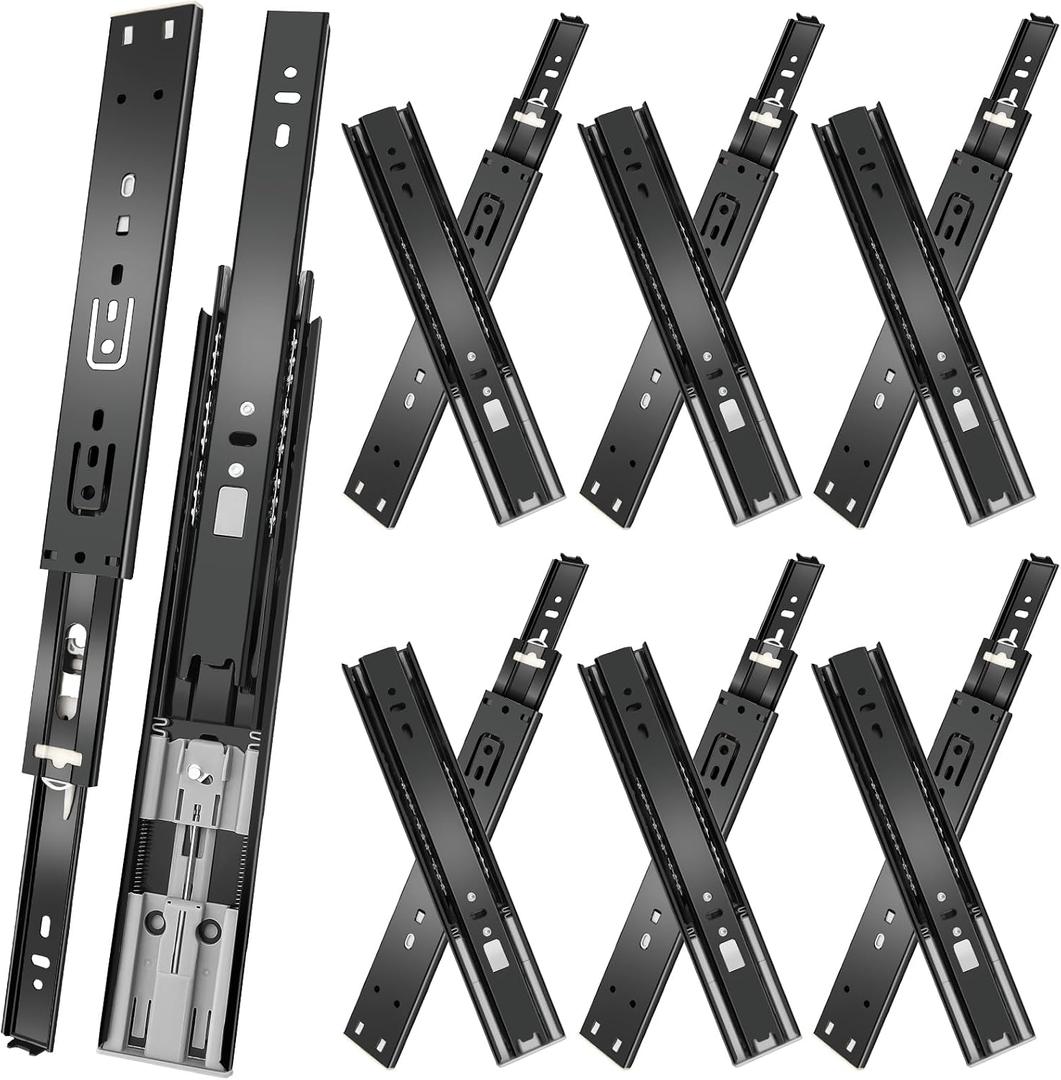 22 inch Drawer Slides 6 Pairs (12pcs) Soft Close 3 fold Full Extension Side Mount Cabinet Drawer Glides 22" Black Cabinet Rails for Dresser, Cabinet, Kitchen 100 LB Capacity