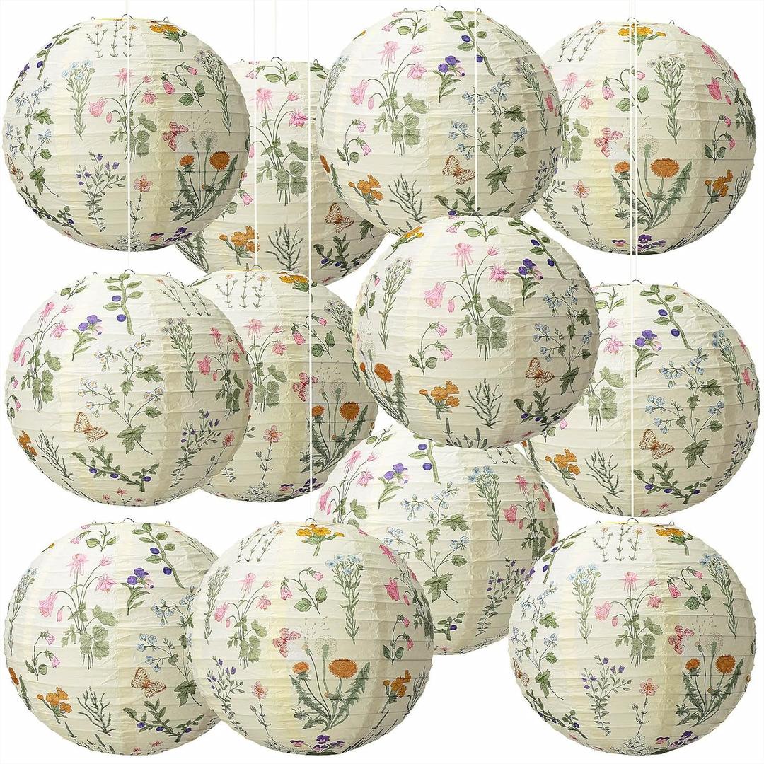 Honoson 12 Pcs Wildflower Paper Lanterns Spring Floral Wildflower Party Decorations Hanging 10 Inch Chinese Lanterns for Wedding Bridal Shower Baby Shower Tea Party Decorations (Vivid Color)