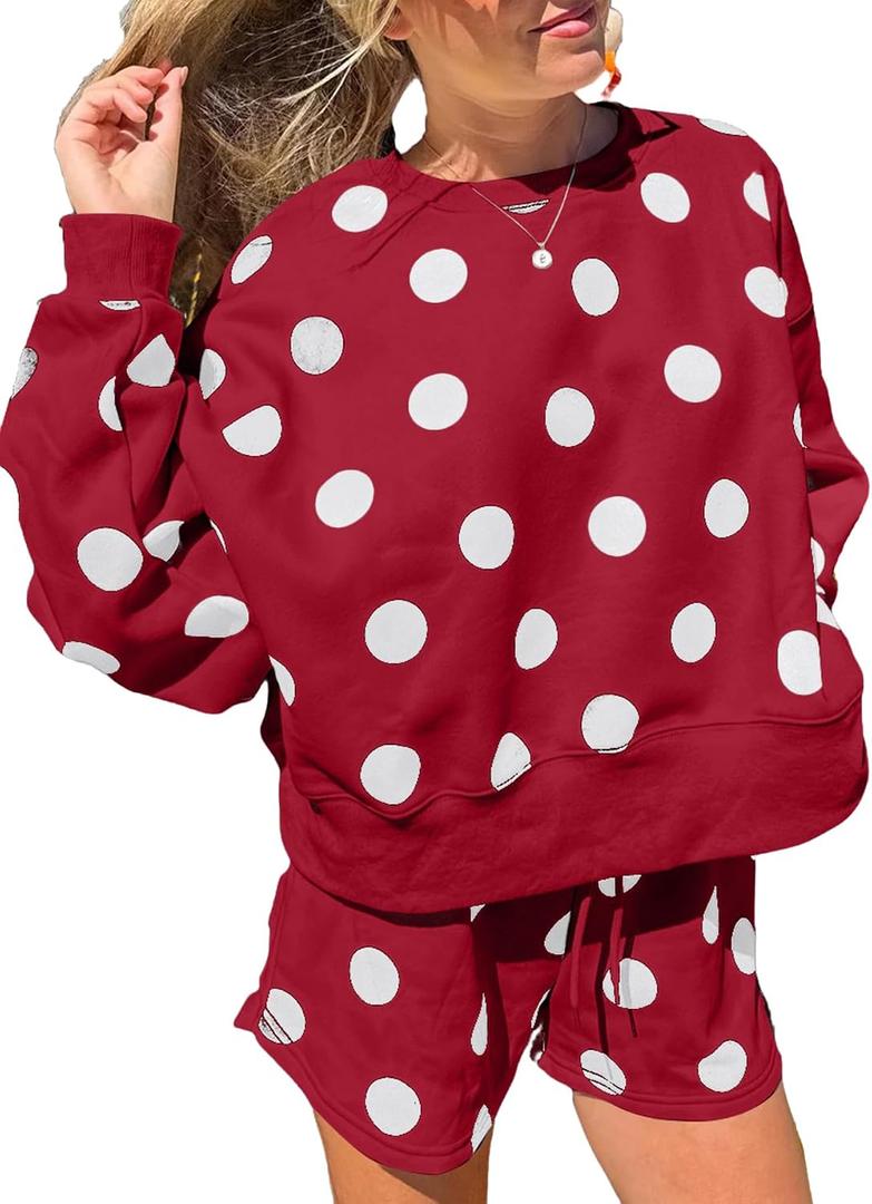 KevaMolly Womens Two Piece Lounge Sets Polka Dot Print Drop Shoulder Oversized Pullover Drawstring Shorts Set (Red, M)