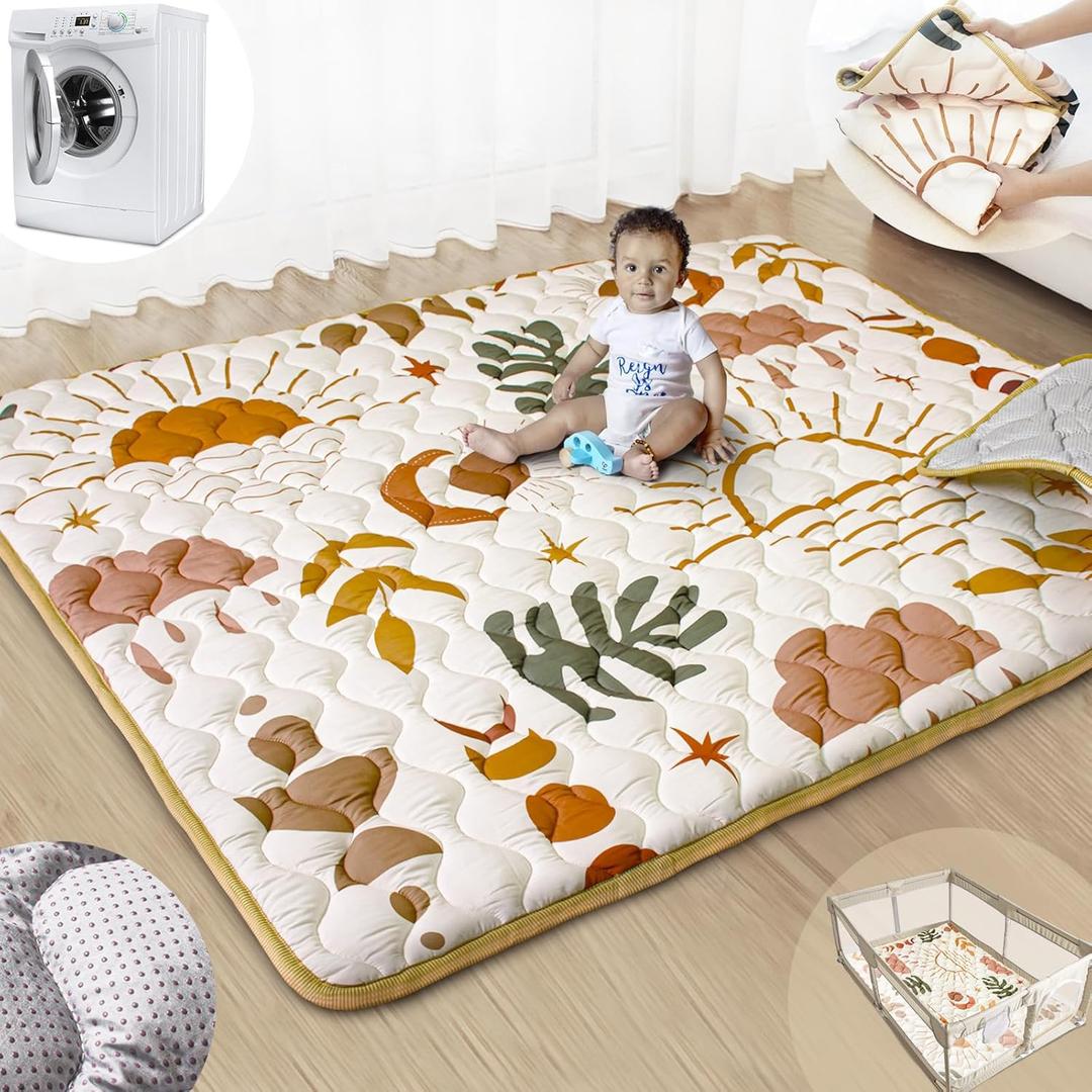 Baby Play Mats for Floor, 71x59 Upgraded Thickness & Larger Super Soft Playmat for Babies and Toddlers, Foldable Washable, Upgrade Anti-Slip Crawling Mat for Playpen(Boho Nature)
