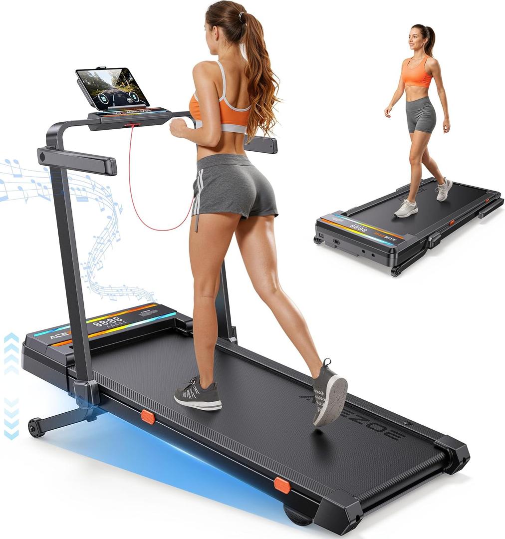 Foldable Walking Pad with 0-15% Auto Incline and Handle Bar, Under Desk Treadmill with 300LBS Weight Capacity, 3.0HP Quiet Treadmills for Home with Speaker, APP & Remote Control (Black Orange)