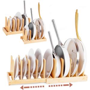 Pot and Pan Organizer for Under Cabinet Bamboo Pot Lid Organizer for Cabinet with Magnetic Lock, Expandable 2-in-1, Adjustable Dividers, Non-Slip Base for Cutting Boards, Cookie Sheets, Bakeware