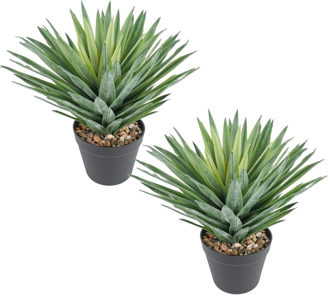 Velener Artificial Agave Plant in Black Pot with Real Stone Pebbles, Large Fake Agave Plants for Indoor and Outdoor-15 inches Tall, 81 Leaves, 2 Pcs